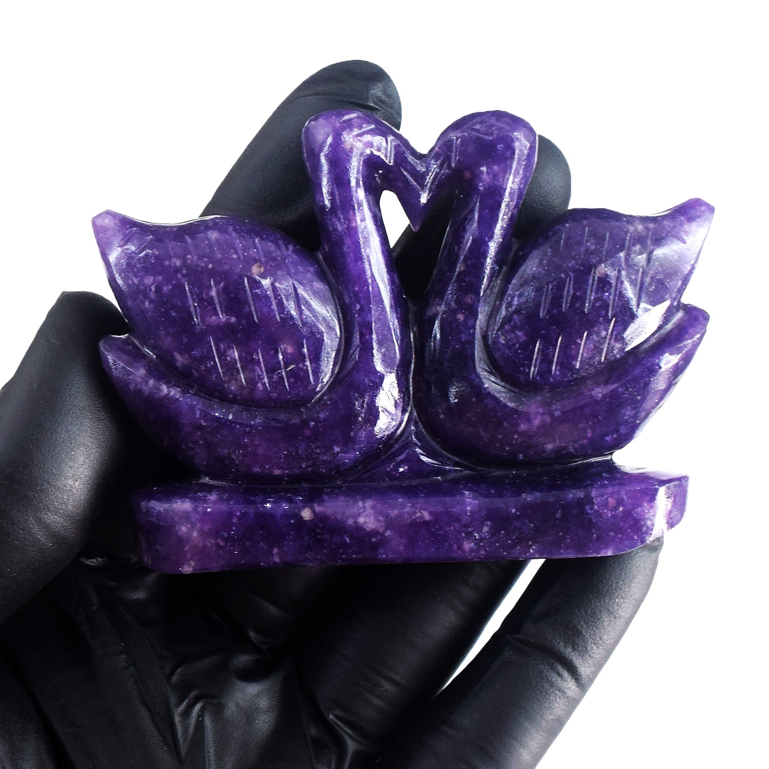 Radiant 519.00 Cts Genuine Lepidolite Carved Premium Love Swan Pair