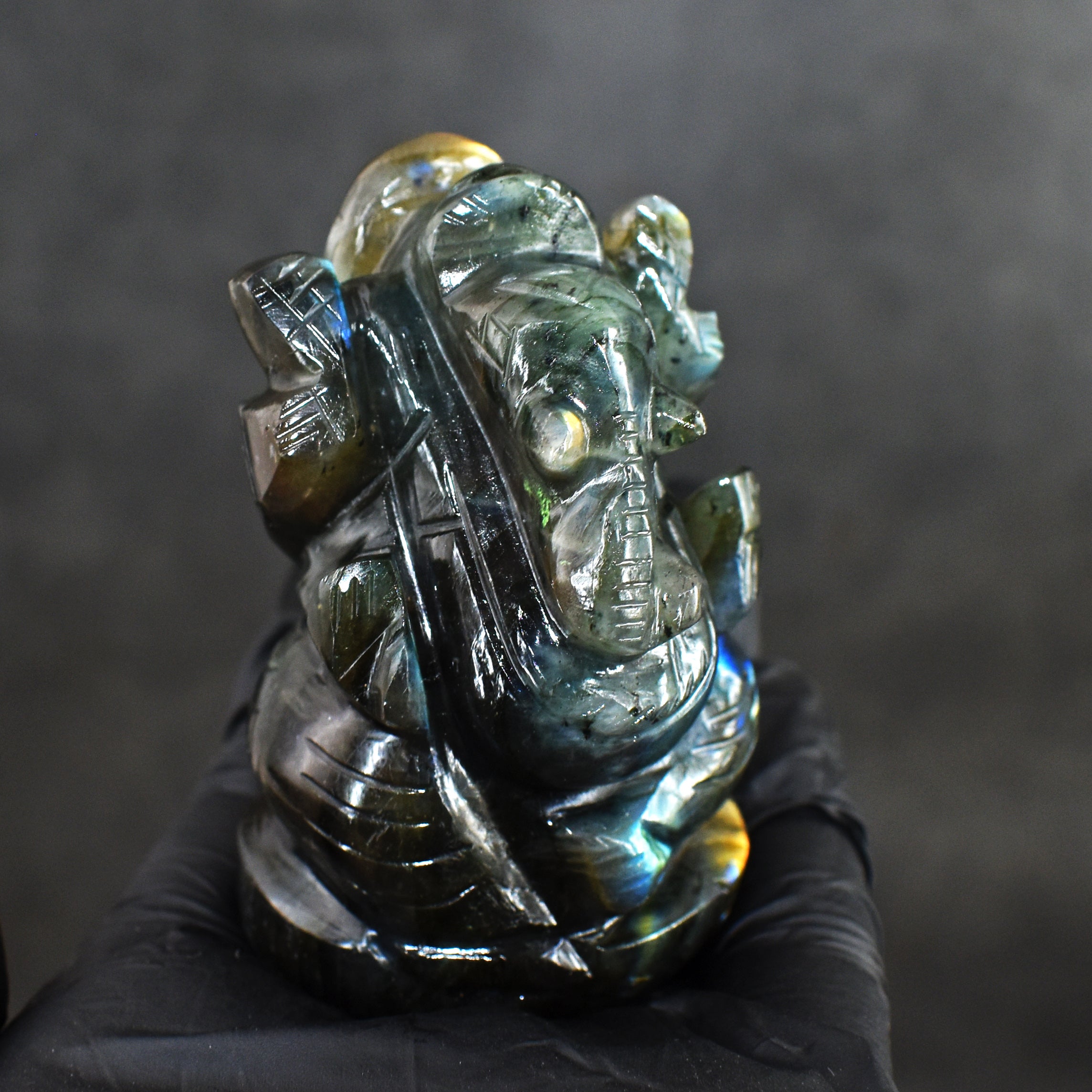 Gorgeous 630.00 Cts Genuine Blue Flash Labradorite Divine Hand Carved Crystal Lord Ganesha Gemstone Carving