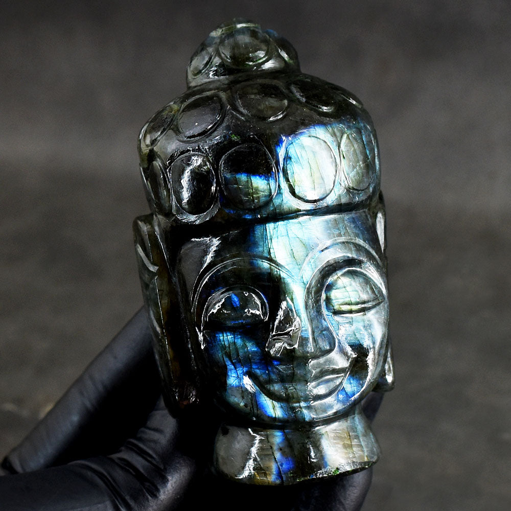 Craftsmen 1400.00 Carats Genuine Golden & Blue Flash Labradorite Hand Carved Gemstone Buddha Head Carving