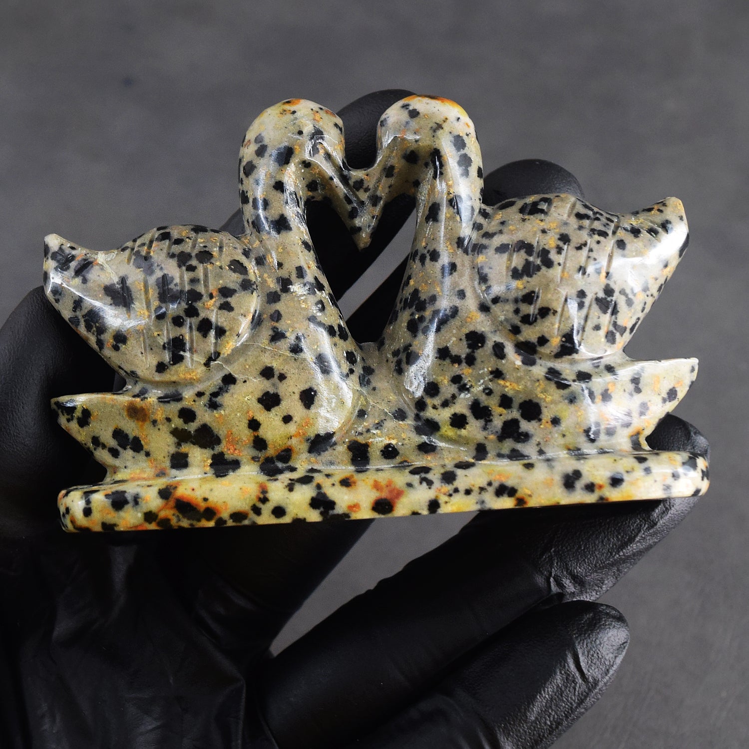 Best Of Best 576.00 Cts Genuine Dalmation Jasper Hand Carved Premium Love Swan Pair