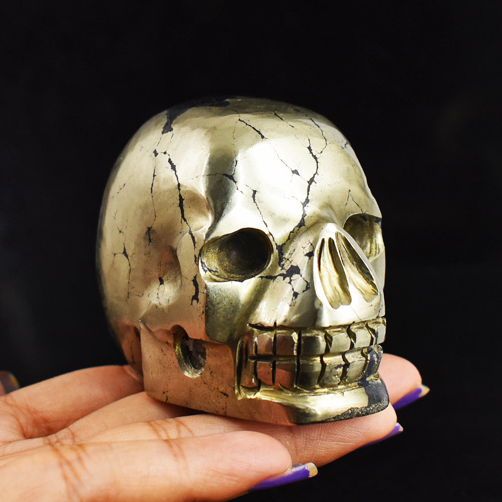 Exclusive  1941.00  Carats Genuine  Golden  Pyrite  Hand  Carved  Skull  Gemstone  Carving