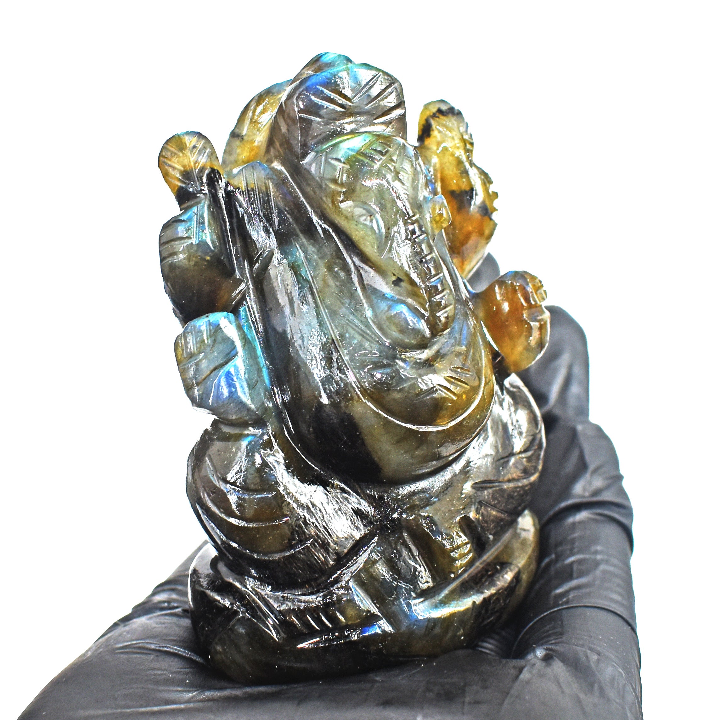 Gorgeous 685.00 Cts Genuine Blue Flash Labradorite Divine Hand Carved Crystal Lord Ganesha Gemstone Carving
