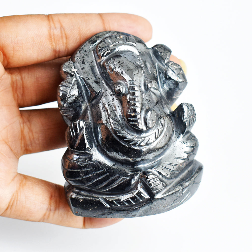 Exclusive 1608.00 Cts Genuine Hematite Hand Carved Crystal Gemstone Lord Ganesha Carving