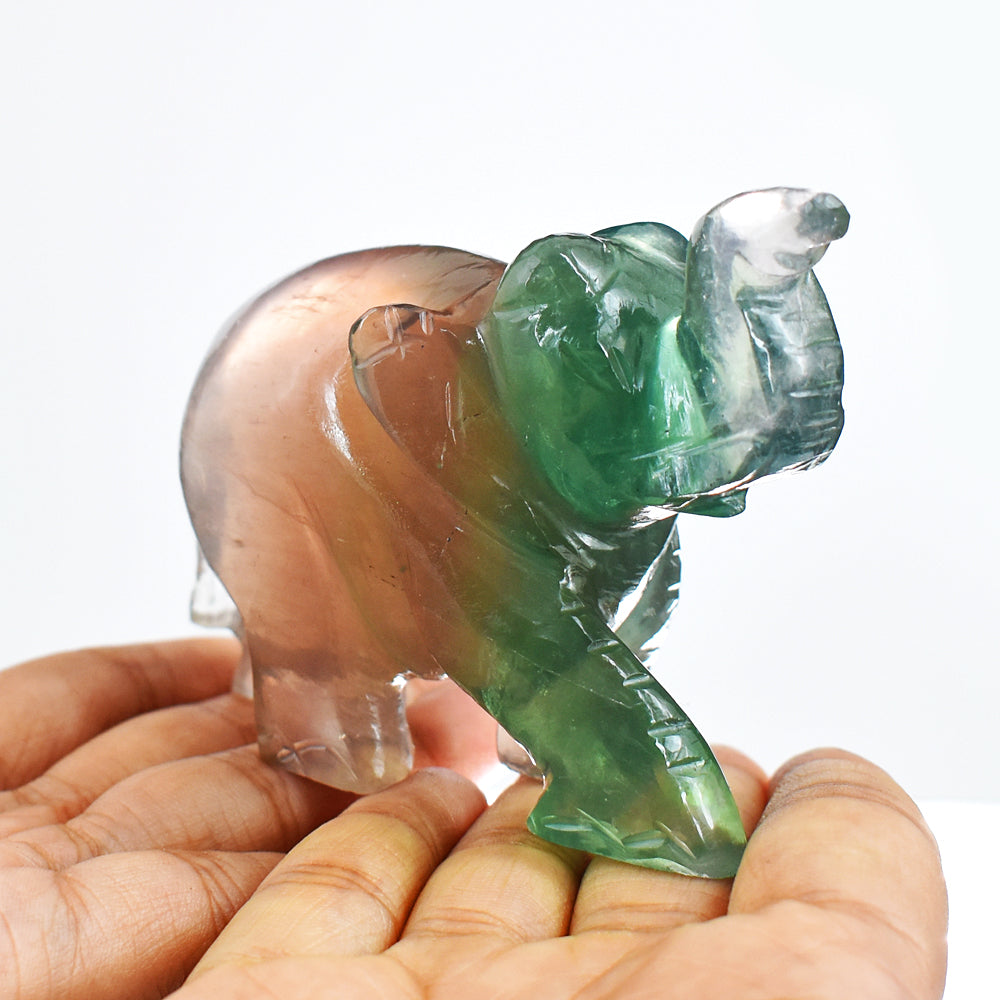 Exclusive 1075.00 Cts Genuine Multicolor Fluorite Hand Carved Crystal Gemstone Carving Elephant