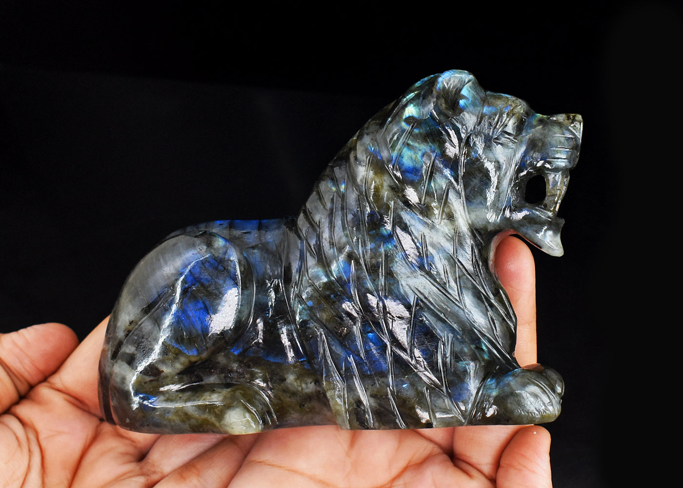 Blue Flash Labradorite 3914.00 Carats Genuine Hand Carved Crystal Gemstone Carving Lion