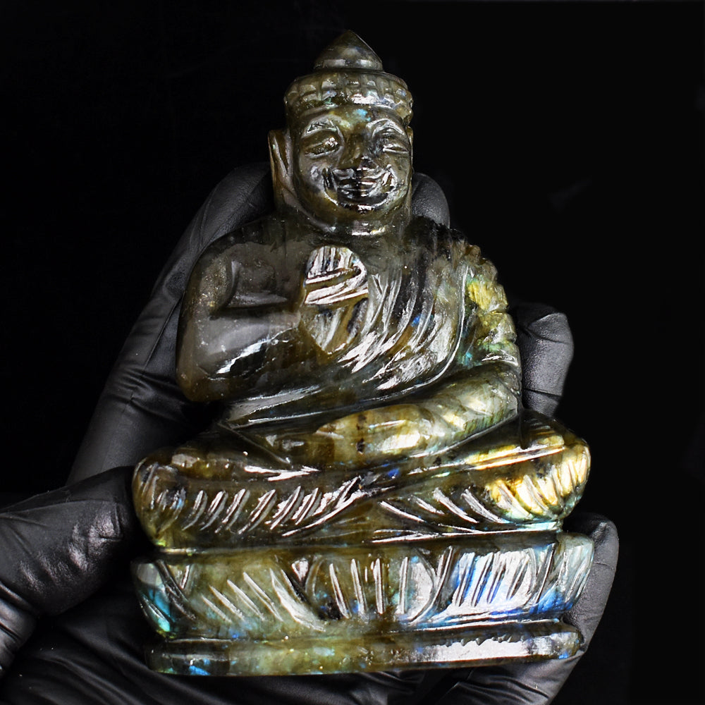 Craftsmen 1233.00 Cts Genuine Golden & Blue Flash Labradorite Hand Carved Crystal Gemstone Buddha Idol Carving