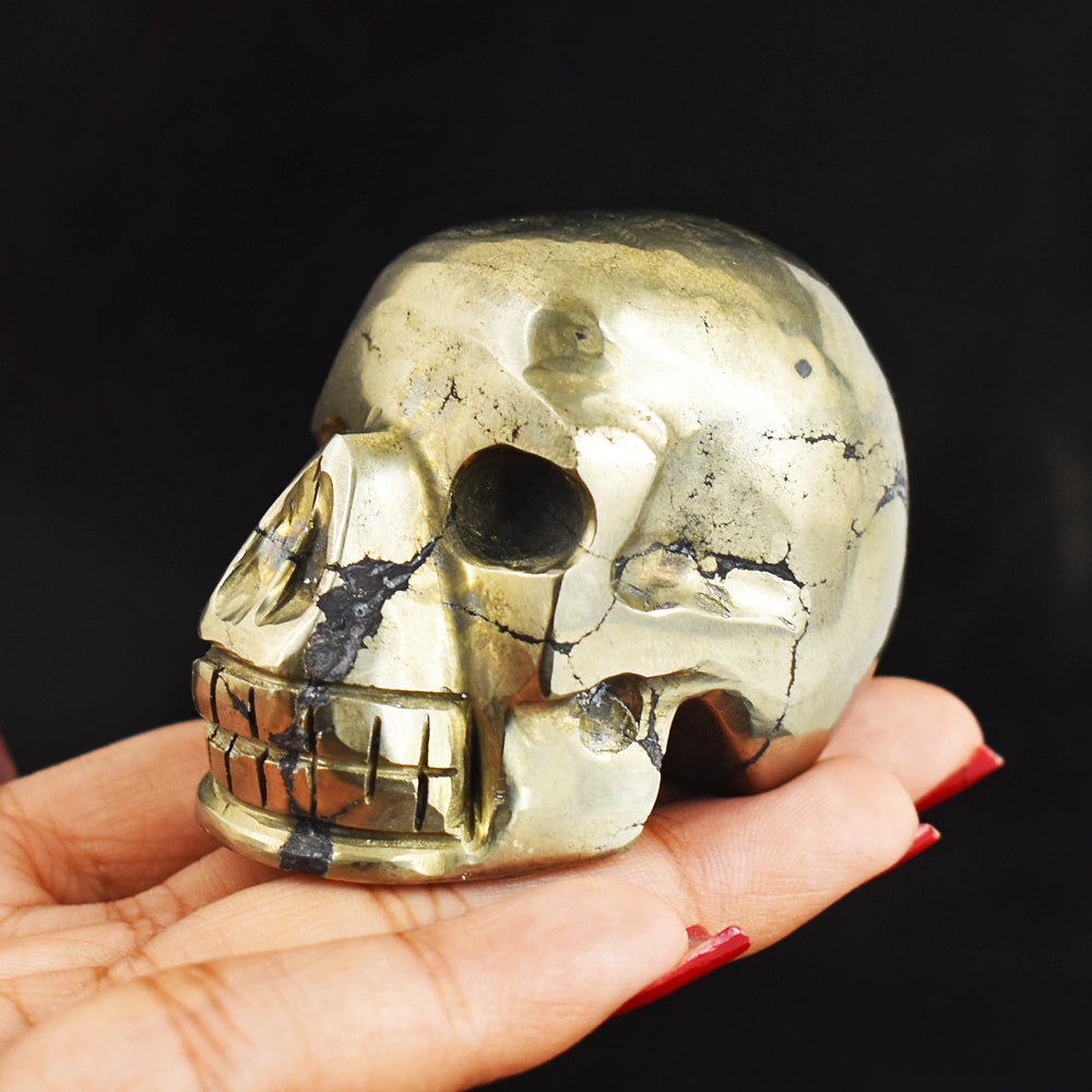 Craftsmen 1163.00 Carats  Genuine  Golden  Pyrite  Hand  Carved  Gemstone  Skull  Carving
