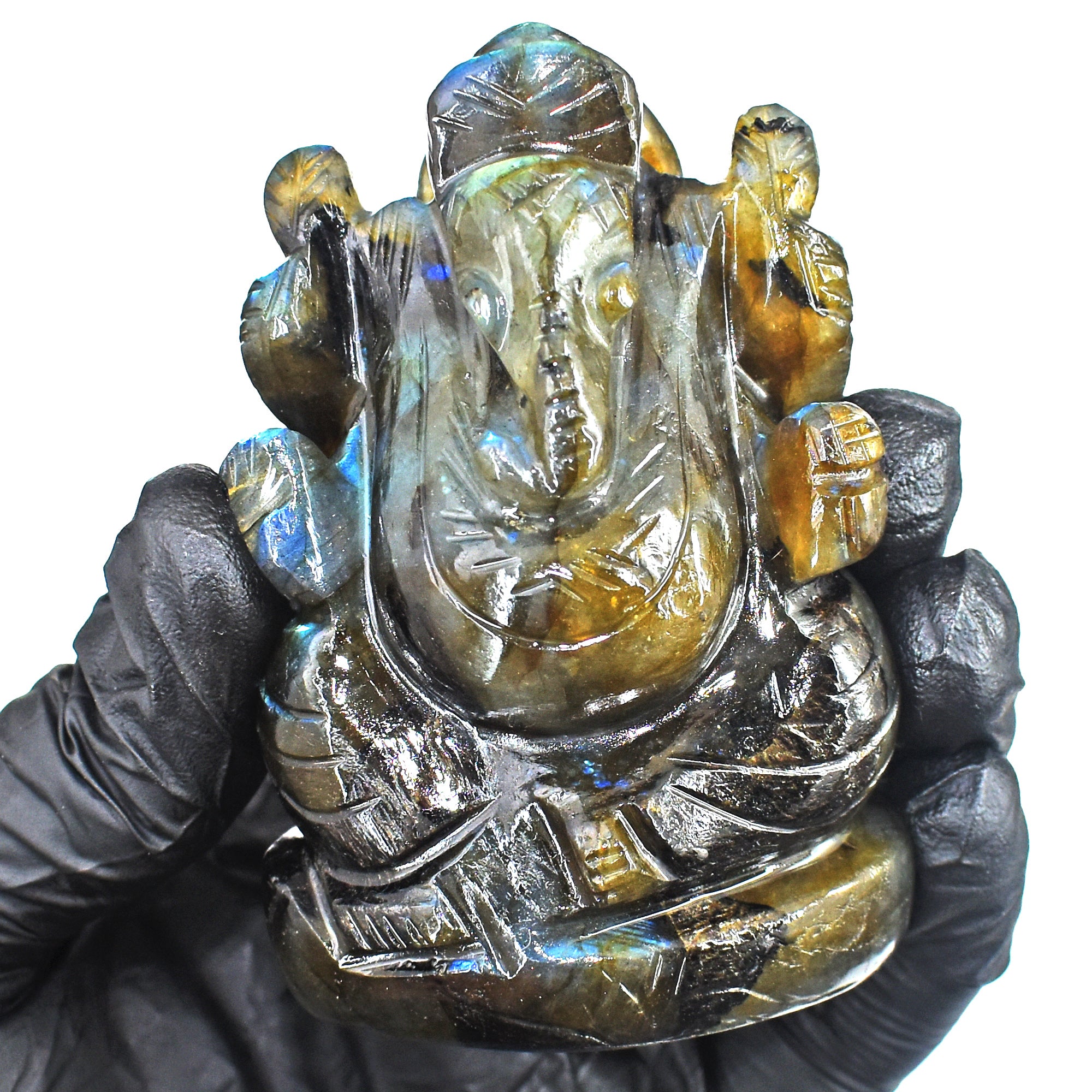 Gorgeous 685.00 Cts Genuine Blue Flash Labradorite Divine Hand Carved Crystal Lord Ganesha Gemstone Carving
