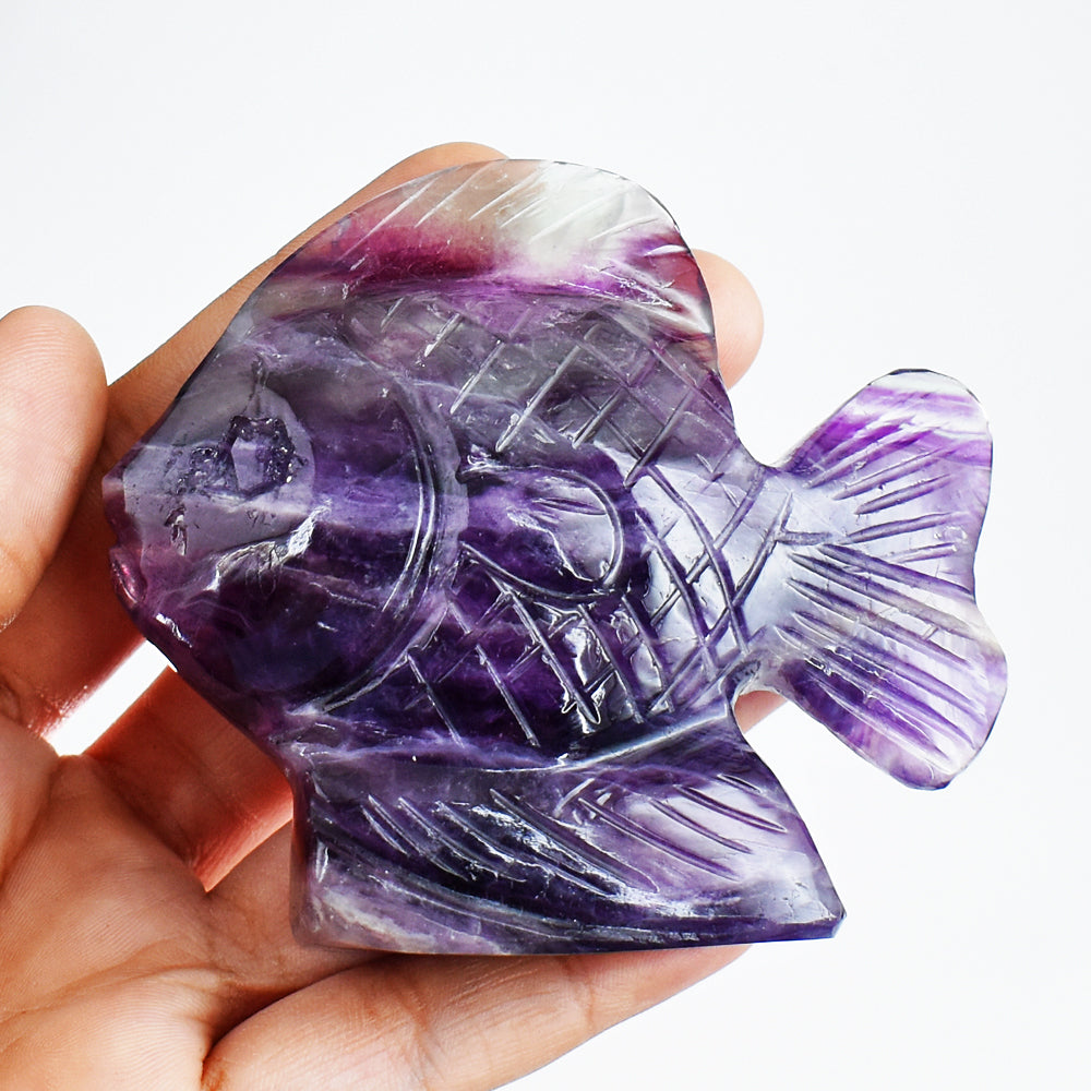 Exclusive 900.00 Carats Genuine Purple Fluorite Hand Carved Crystal Gemstone Carving Fish