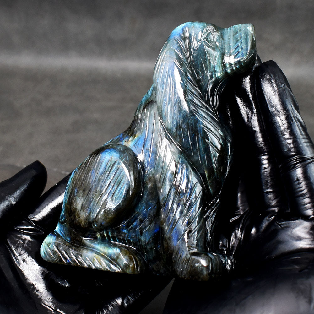 Natural 2234.00 Cst Genuine Blue Flash Labradorite Hand Carved Gemstone Dog Crystal Carving
