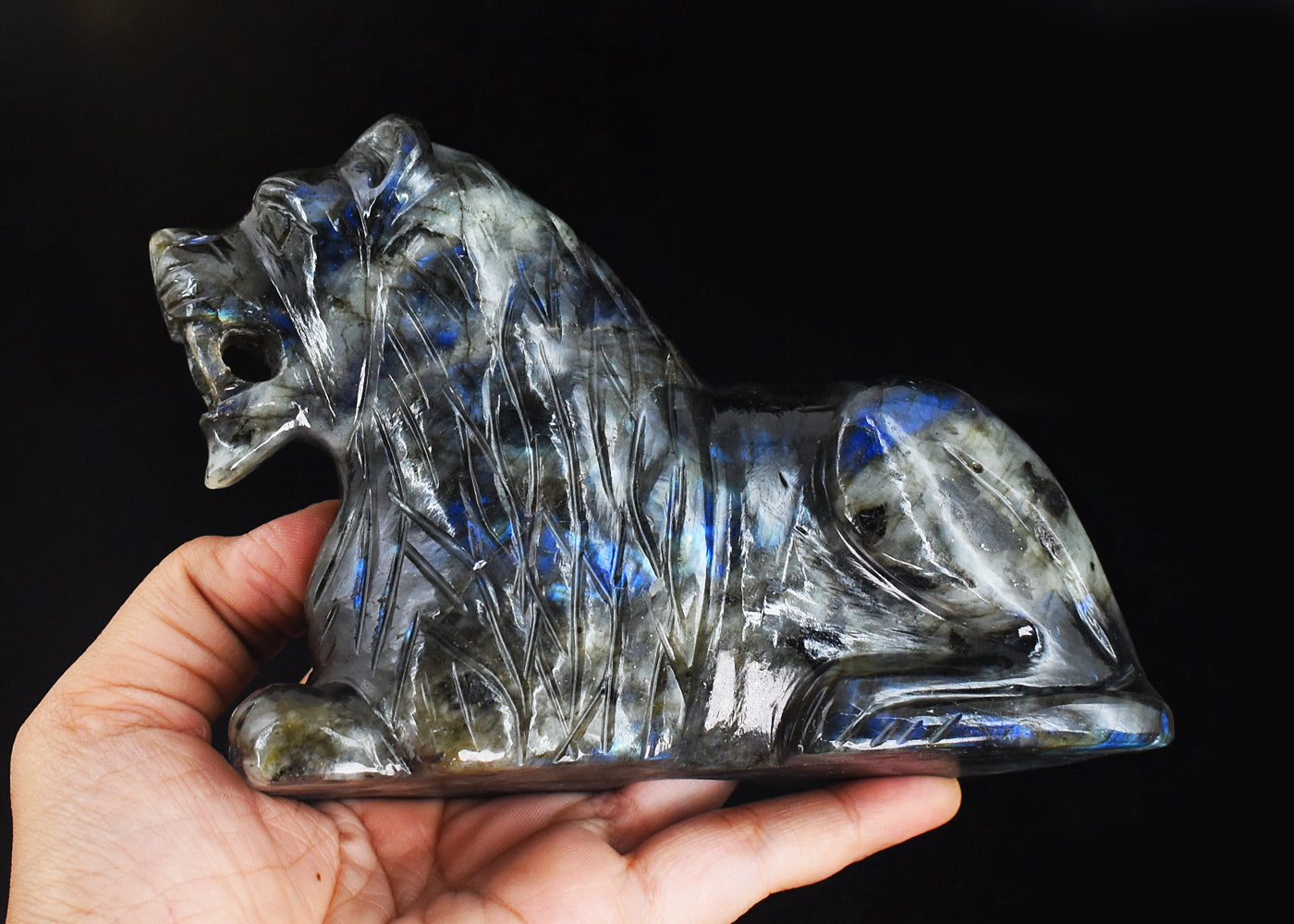 Blue Flash Labradorite 3914.00 Carats Genuine Hand Carved Crystal Gemstone Carving Lion