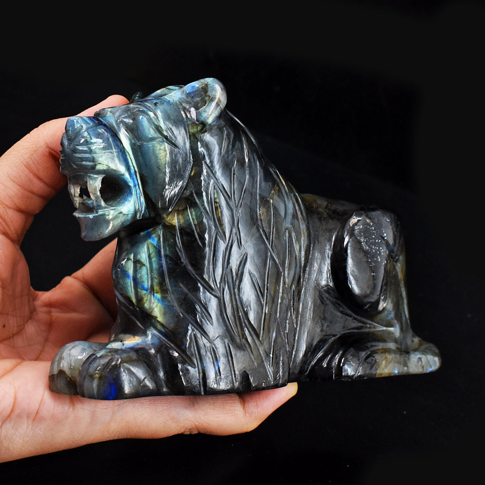 Awesome 4051.00 Cts Genuine Amazing Flash Labradorite Hand Carved Crystal Gemstone Lion Carving
