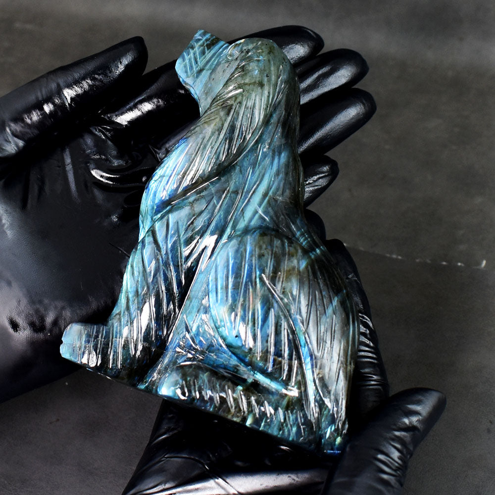 Natural 2234.00 Cst Genuine Blue Flash Labradorite Hand Carved Gemstone Dog Crystal Carving