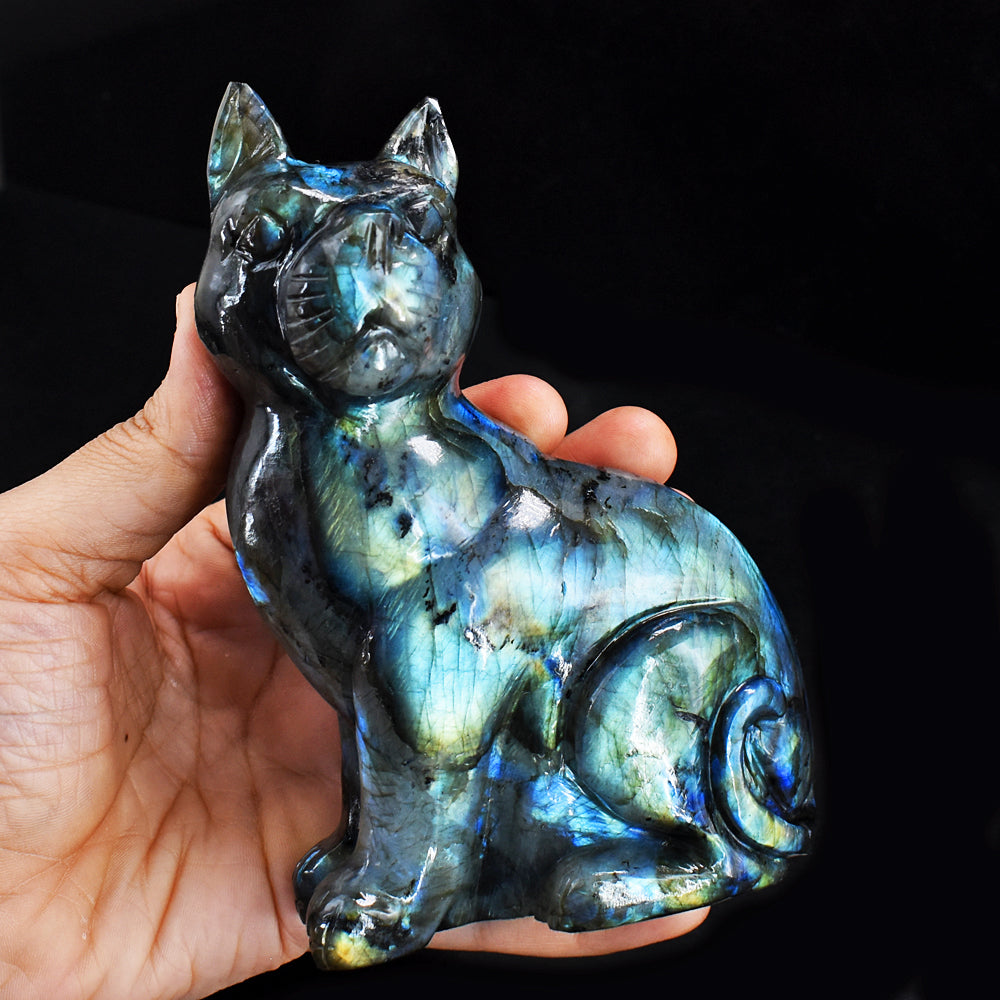 Awesome 3062.00  Cts  Genuine Amazing Flash Labradorite  Hand Carved Crystal Gemstone Cat Carving
