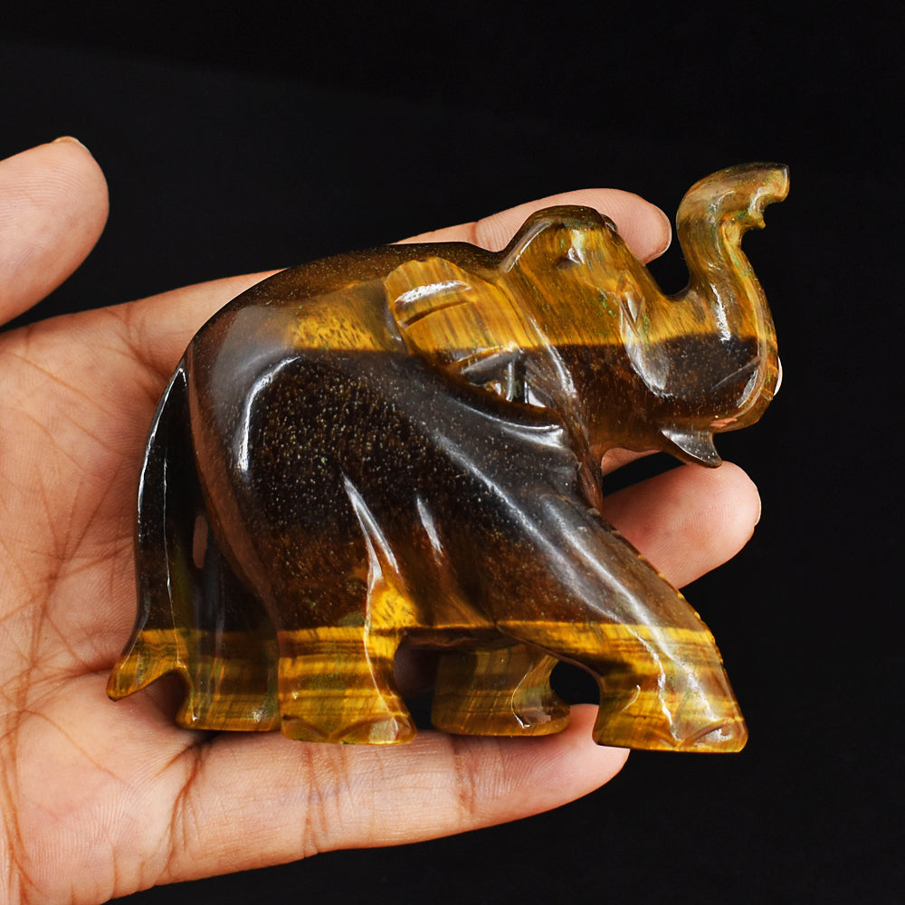 Exclusive 812.00 Cts Golden Tiger Eye Hand Carved Genuine Crystal Gemstone Carving Elephant