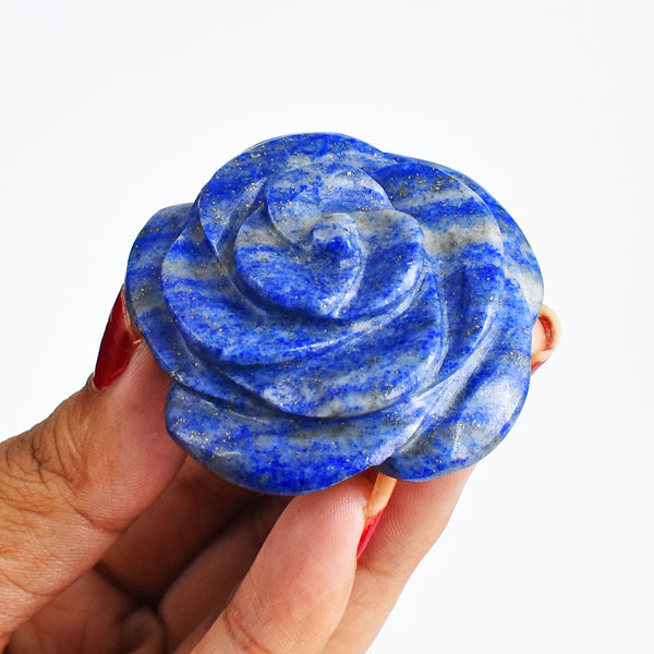 Exclusive 223.00 Cts  Genuine  Blue Lapis Lazuli Hand  Carved Rose Flower Gemstone Carving