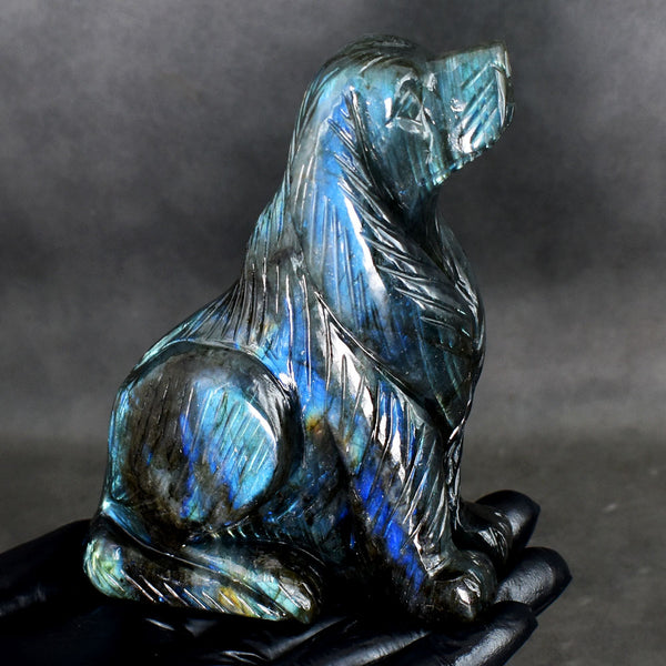 Natural 2234.00 Cst Genuine Blue Flash Labradorite Hand Carved Gemstone Dog Crystal Carving