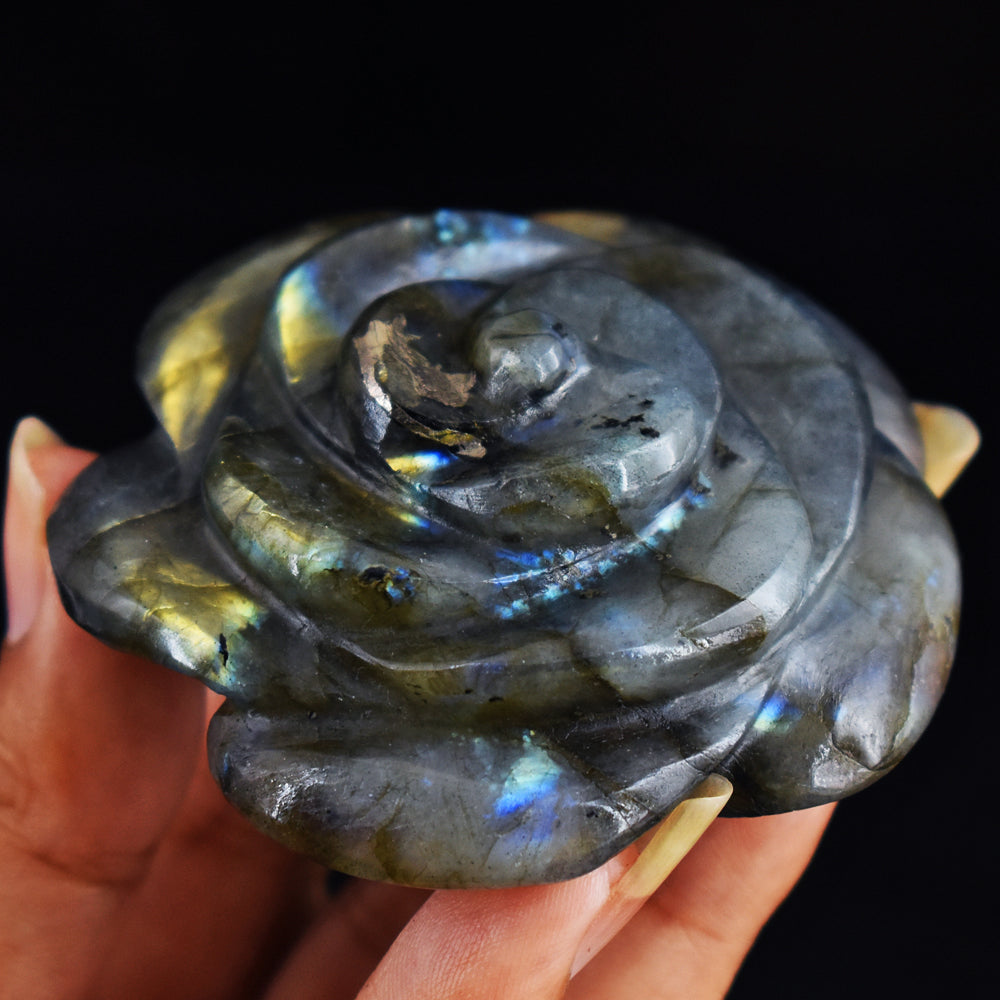 Natural Golden & Blue  Flash Labradorite  372.00 Carats  Genuine  Hand Carved  Gemstone  Rose Flower Carving