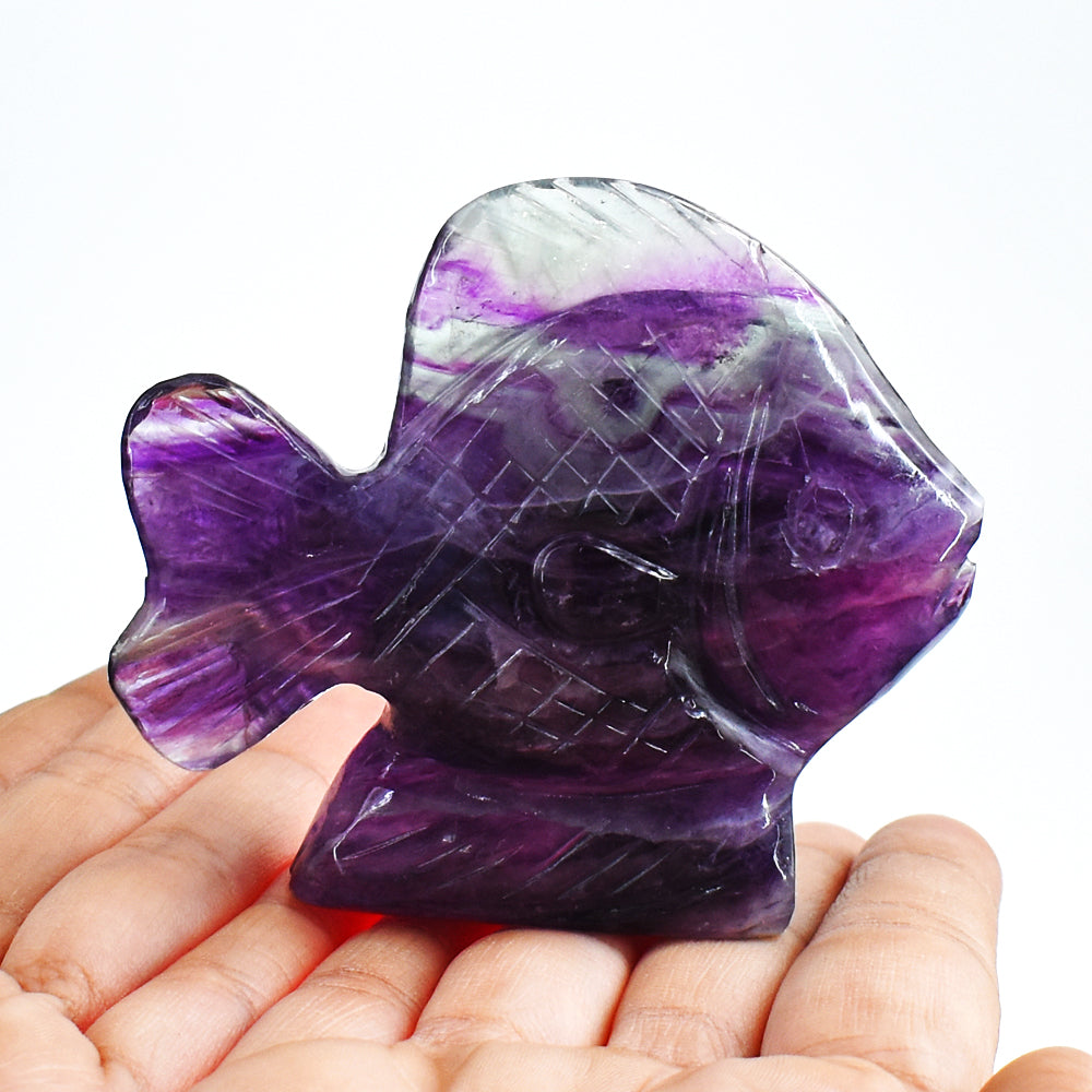 Exclusive 900.00 Carats Genuine Purple Fluorite Hand Carved Crystal Gemstone Carving Fish