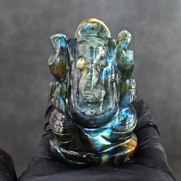 Gorgeous 630.00 Cts Genuine Blue Flash Labradorite Divine Hand Carved Crystal Lord Ganesha Gemstone Carving