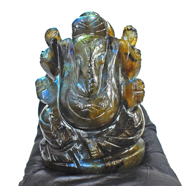 Gorgeous 685.00 Cts Genuine Blue Flash Labradorite Divine Hand Carved Crystal Lord Ganesha Gemstone Carving