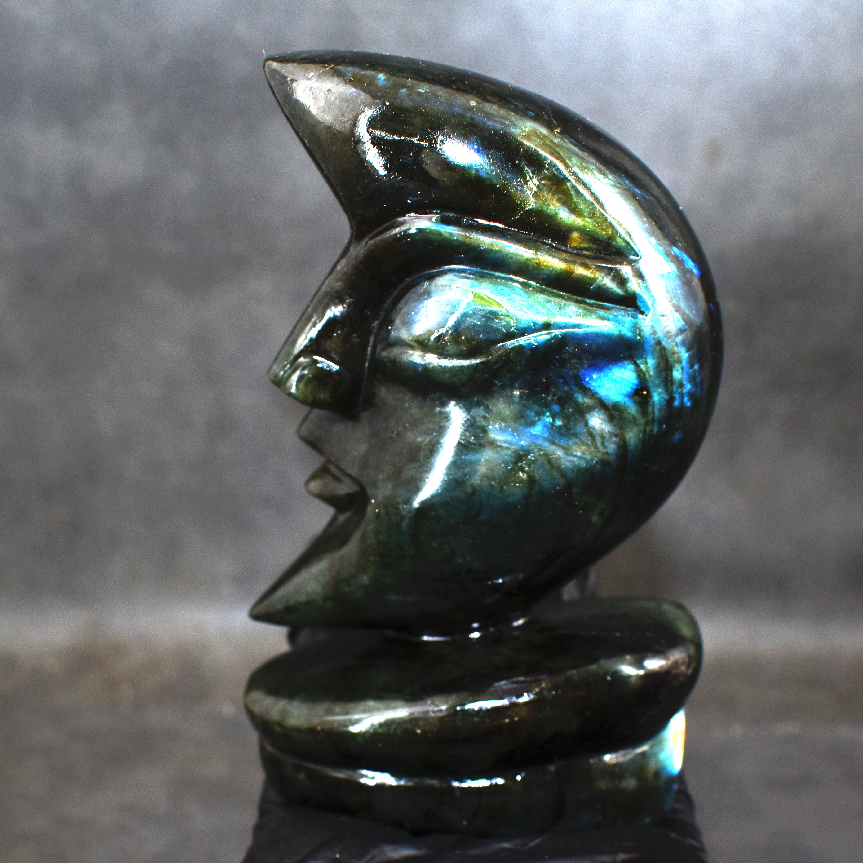 Genuine 1533.00 Carats Amazing Flash Labradorite Moon With Stand Hand Carved Gemstone Carving