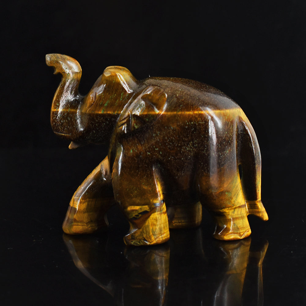 Exclusive 812.00 Cts Golden Tiger Eye Hand Carved Genuine Crystal Gemstone Carving Elephant