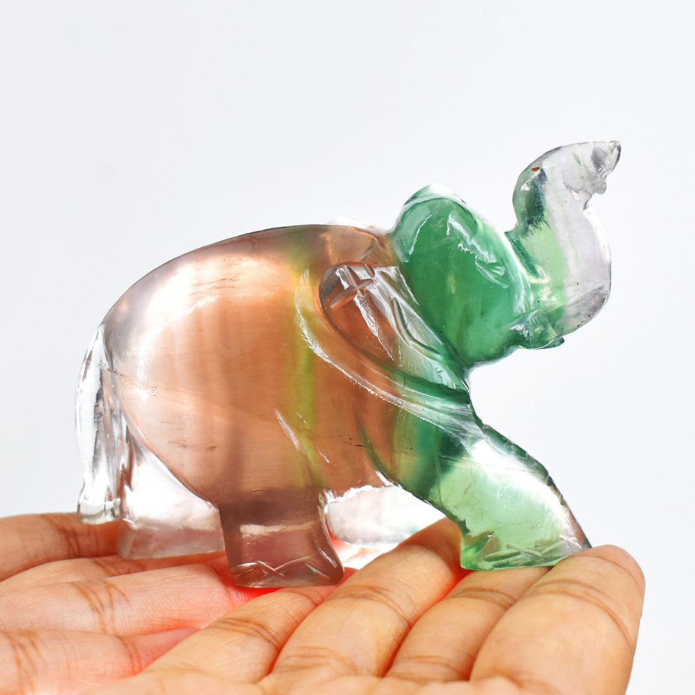 Exclusive 1075.00 Cts Genuine Multicolor Fluorite Hand Carved Crystal Gemstone Carving Elephant