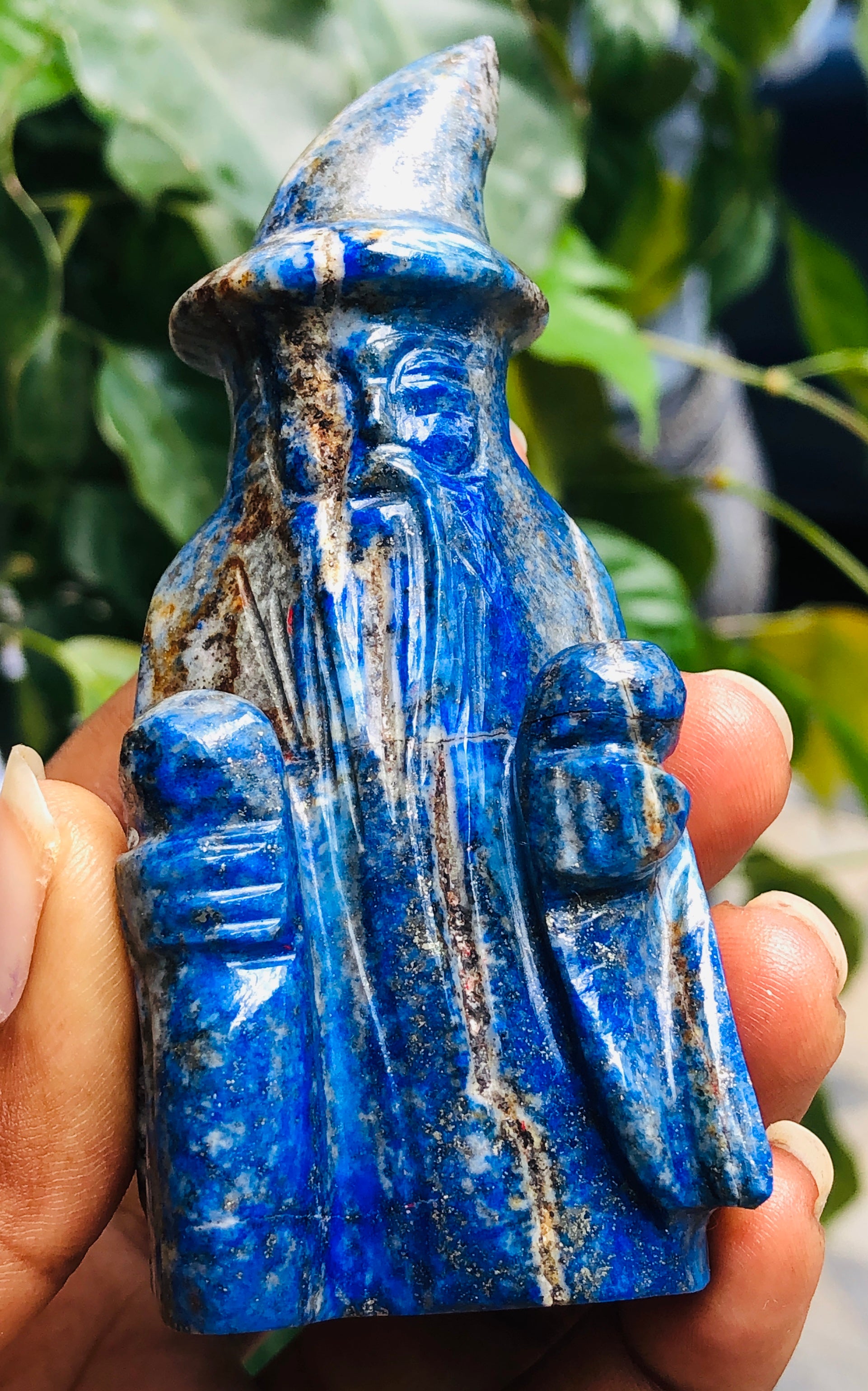 Exclusive 835.00 Carats Genuine Lapis Lazuli Hand Carved Crystal Gemstone Wizard Carving
