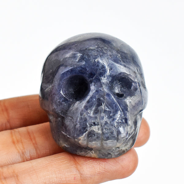 Artisian  384.00 Carats  Genuine  Blue Iolite  Hand Carved Crystal  Skull  Gemstone  Carving