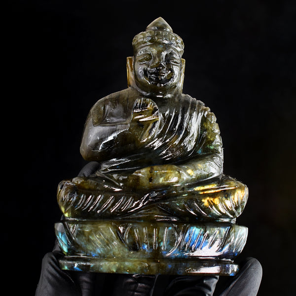 Craftsmen 1233.00 Cts Genuine Golden & Blue Flash Labradorite Hand Carved Crystal Gemstone Buddha Idol Carving