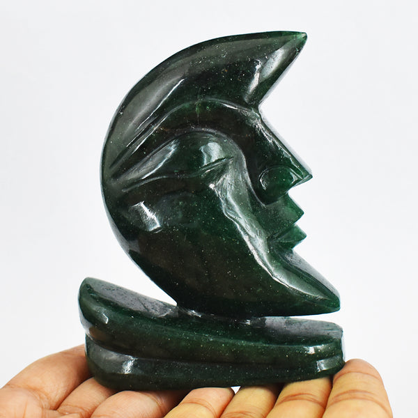 Craftsmen  1265.00 Cts Genuine  Green Jade Moon With Stand Hand Carved Gemstone  Carving