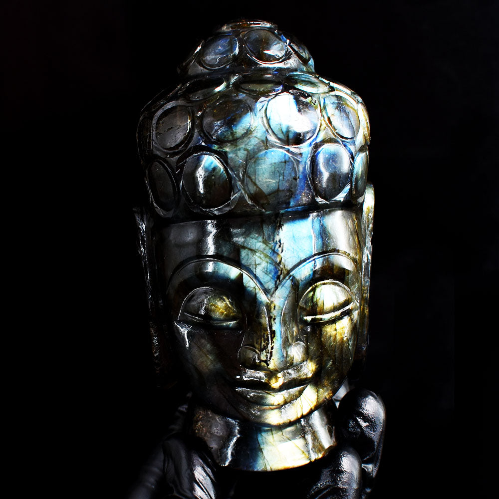 Awesome 3290.00 Cts Genuine Blue & Golden Flash Labradorite Hand Carved Gemstone Buddha Head Carving