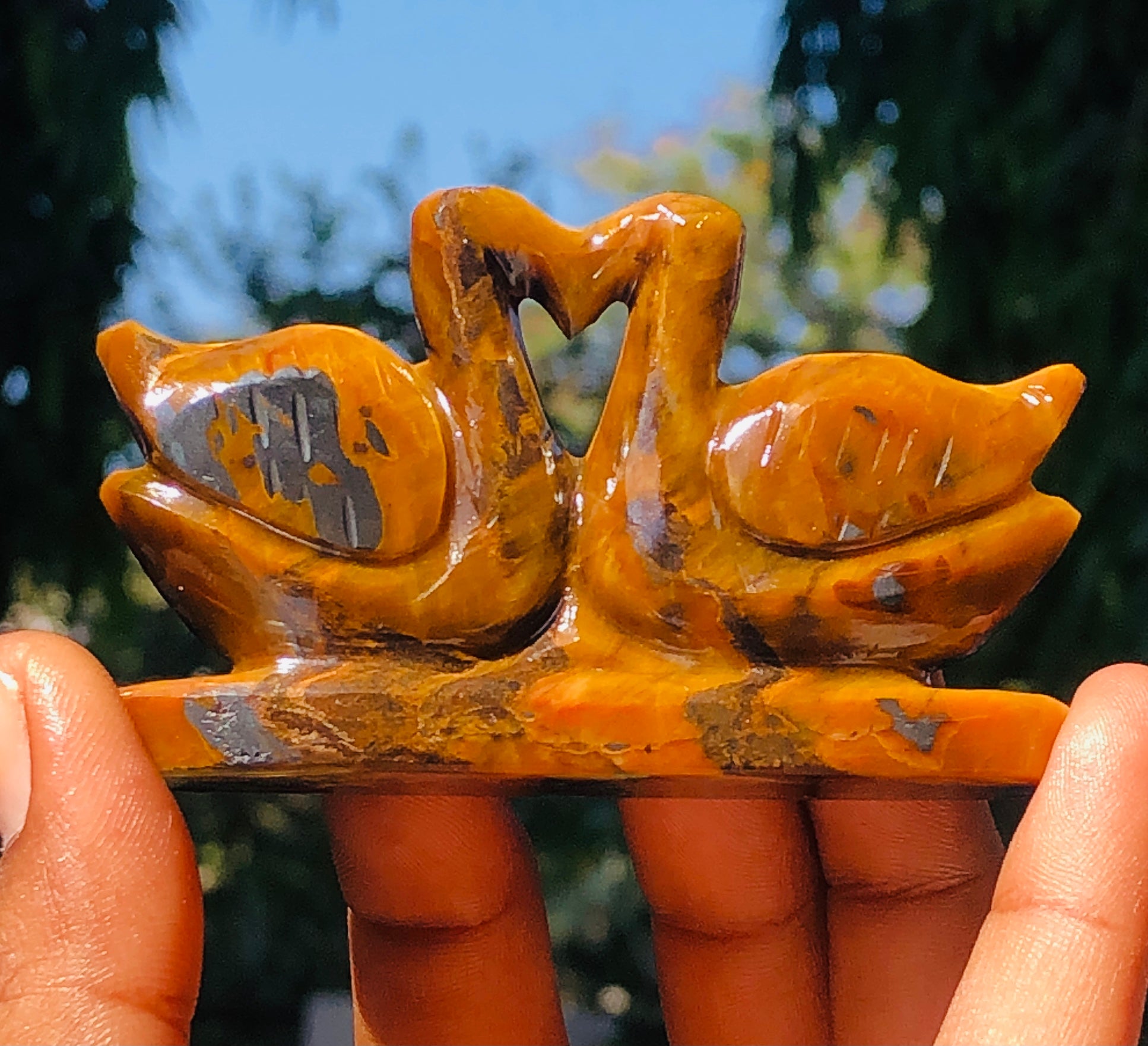 Exclusive 311.00 Cts Genuine Tiger Eye Carved Premium Love Swan Pair