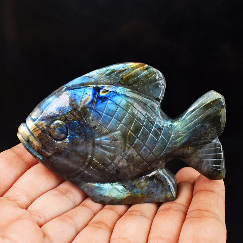 Gorgeous 881.00 Carats  Genuine Amazing  Flash Labradorite  Hand Carved Crystal Gemstone Carving Fish