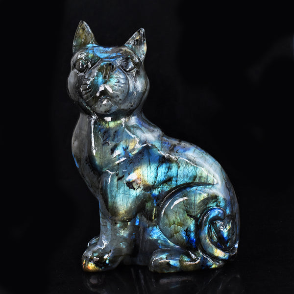 Awesome 3062.00  Cts  Genuine Amazing Flash Labradorite  Hand Carved Crystal Gemstone Cat Carving