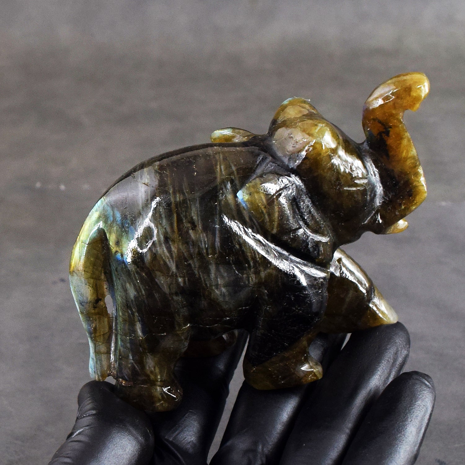 Golden & Blue Flash Labradorite 1230.00 Cts Carved Premium Crystal Premium Elephant