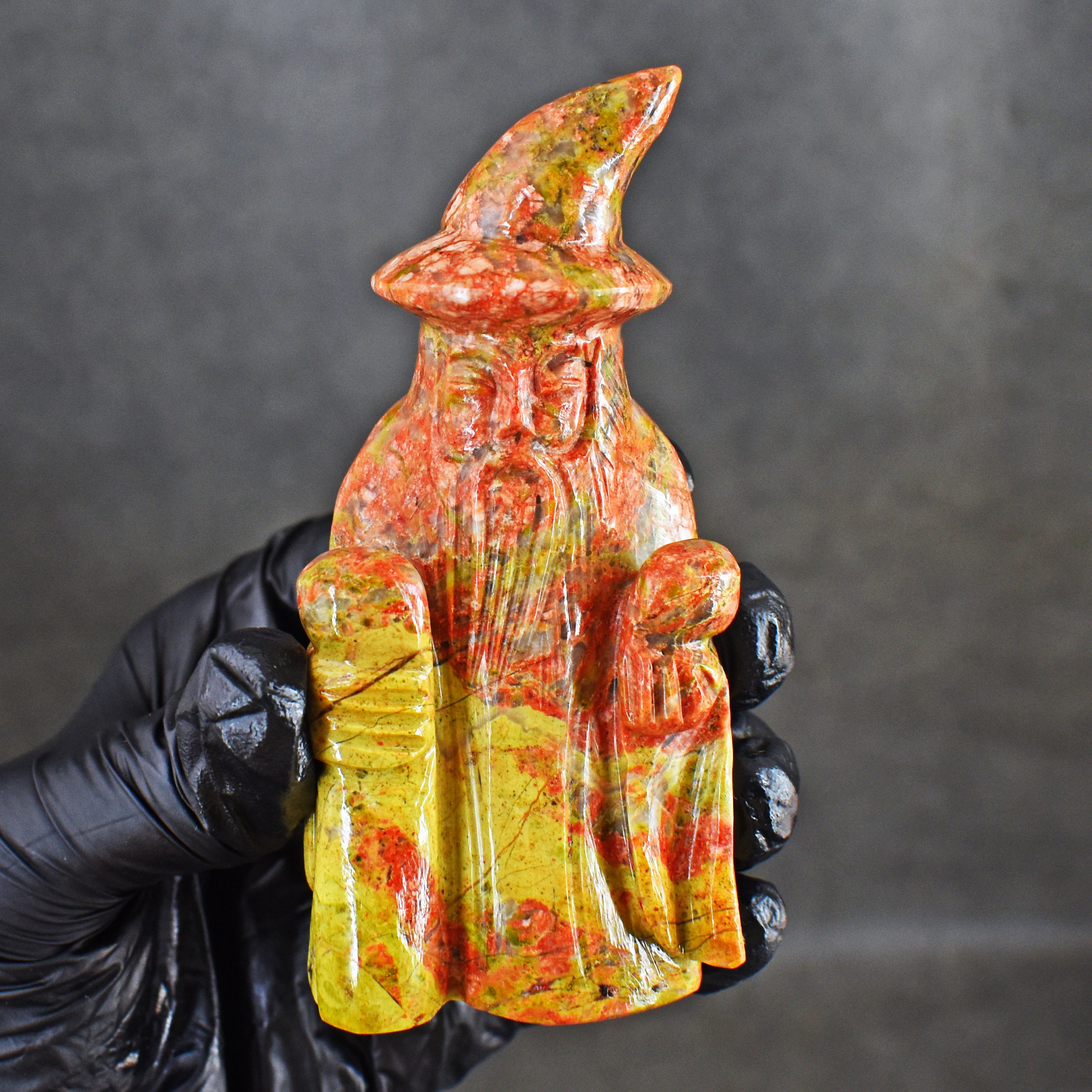 Beautiful 869.00 Cts Genuine Blood Green Unakite Hand Carved Gemstone Crystal Wizard Carving