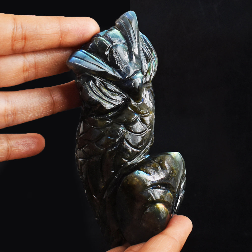 Amazing Flash Labradorite 1480.00 Carats Genuine  Hand Carved Crystal Gemstone Owl Carving