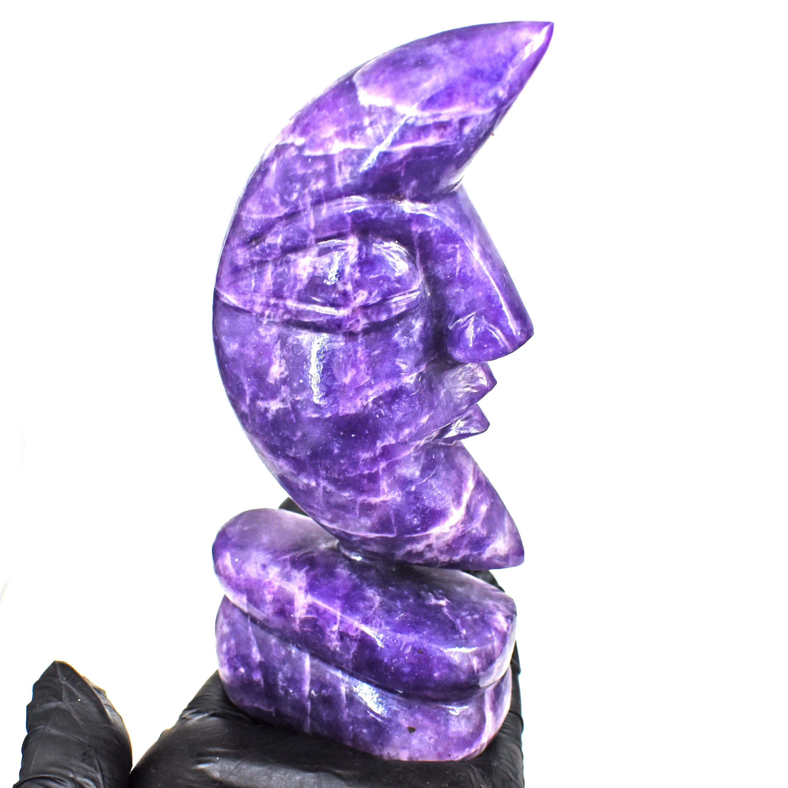 Natural 1419.00 Carats Genuine Chevron Amethyst Moon With Stand Hand Carved Gemstone Carving