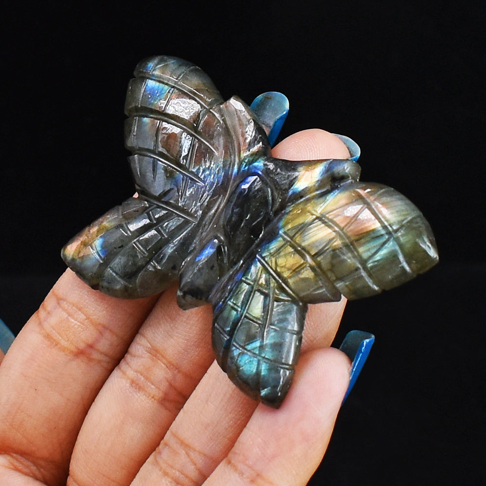 Exclusive  87.00 Carats  Genuine Golden & Blue Flash Labradorite Hand Carved Crystal Gemstone Carving Butterfly
