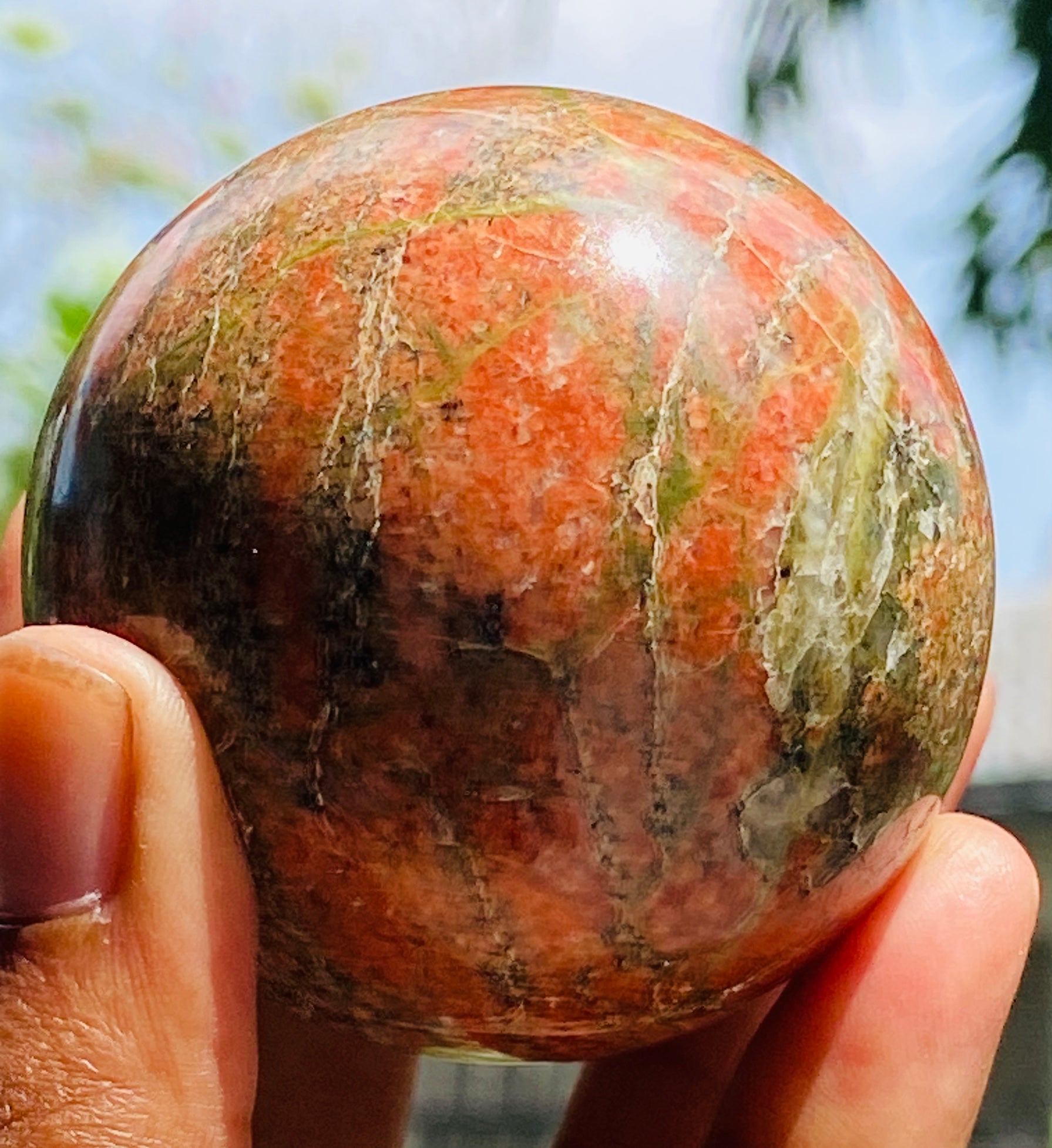 Exclusive 1031.00 Cts  Blood Green Unakite Hand Carved Healing Crystal Gemstone Sphere