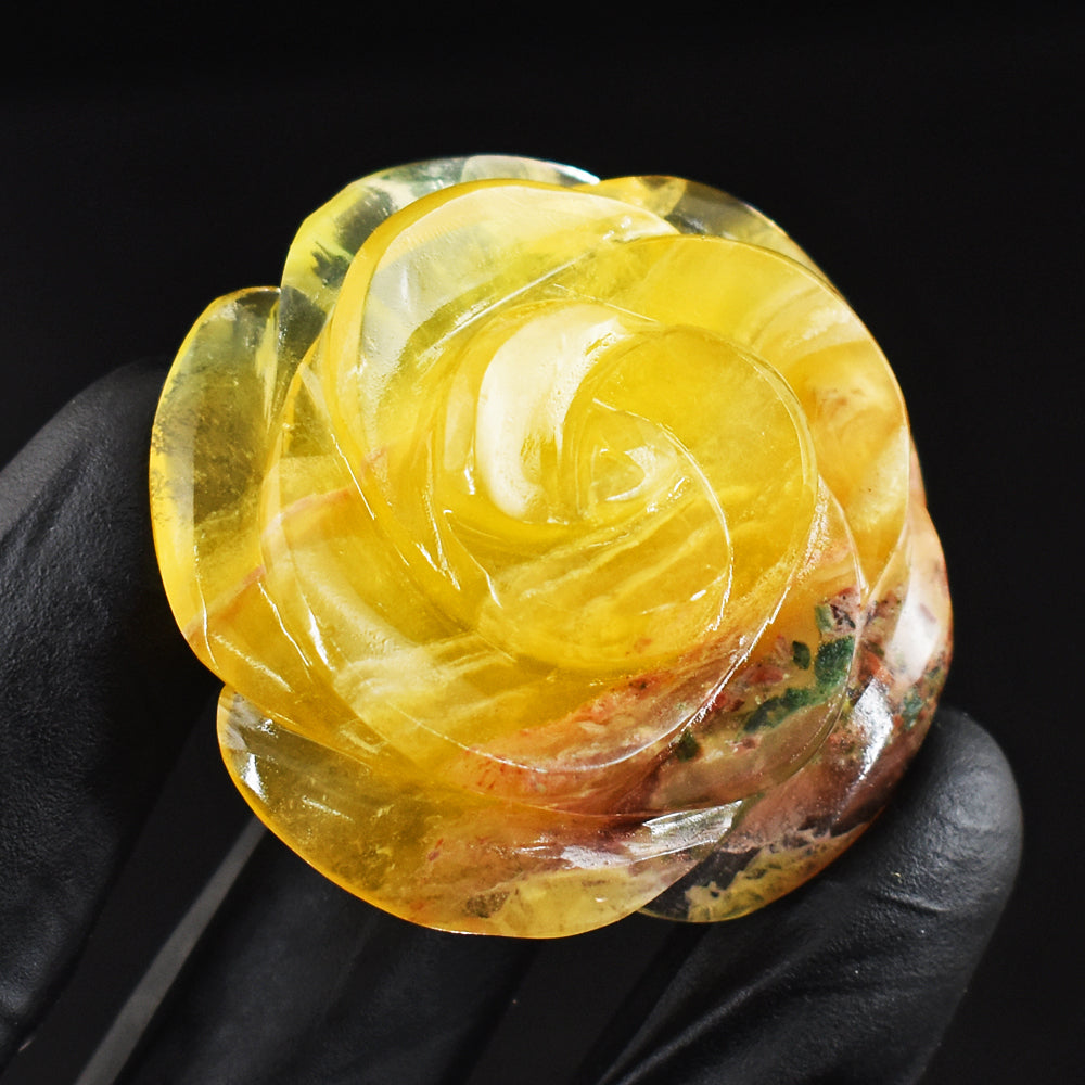 Awesome 267.00 Cts Genuine Yellow Fluorite Hand Carved Rose Crystal Gemstone Carving
