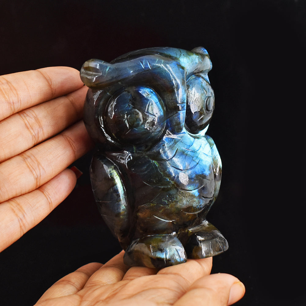 Awesome 1900.00  Cts  Genuine Amazing Flash Labradorite  Hand Carved Gemstone Owl Carving