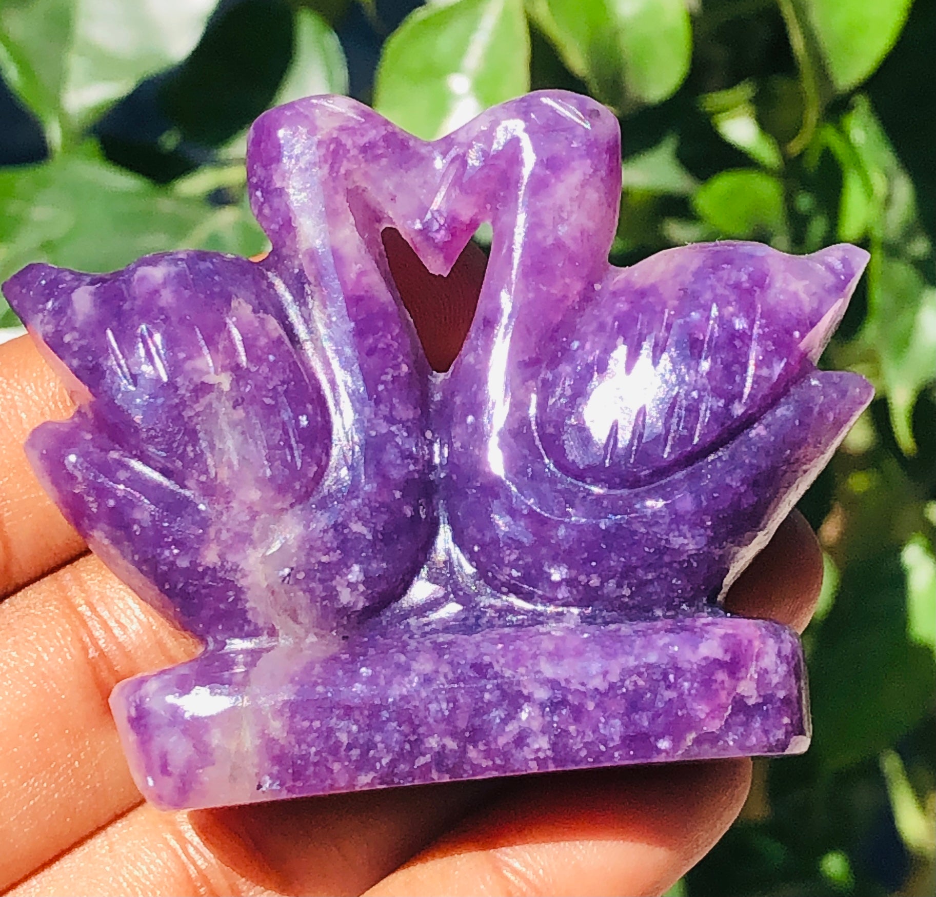 Natural 315.00 Cts Genuine Lepidolite Love Carved Premium Swan Pair