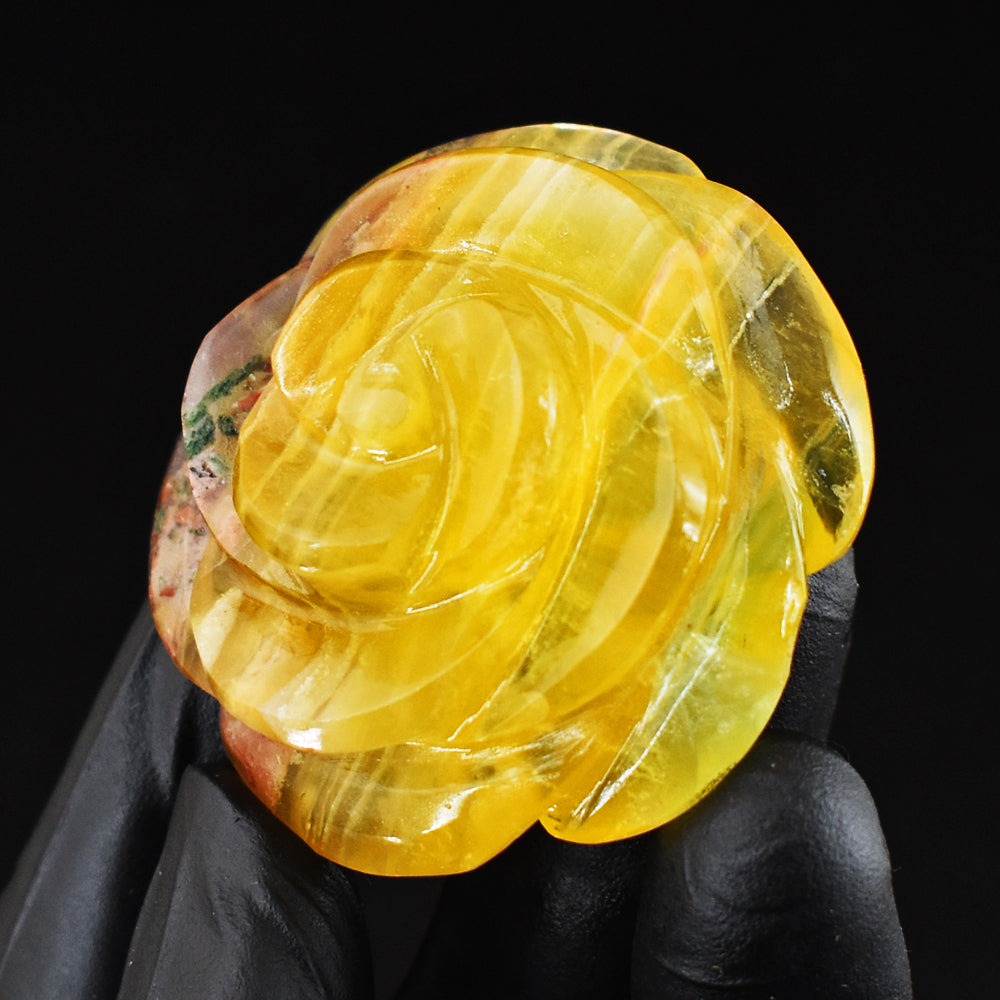 Awesome 267.00 Cts Genuine Yellow Fluorite Hand Carved Rose Crystal Gemstone Carving