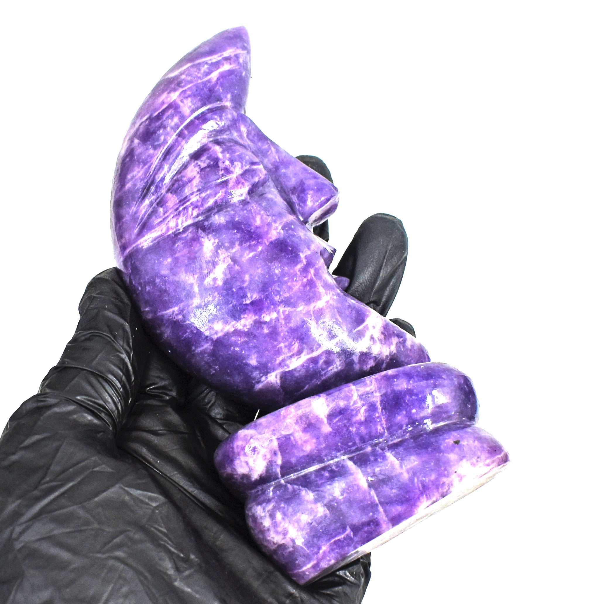 Natural 1419.00 Carats Genuine Chevron Amethyst Moon With Stand Hand Carved Gemstone Carving