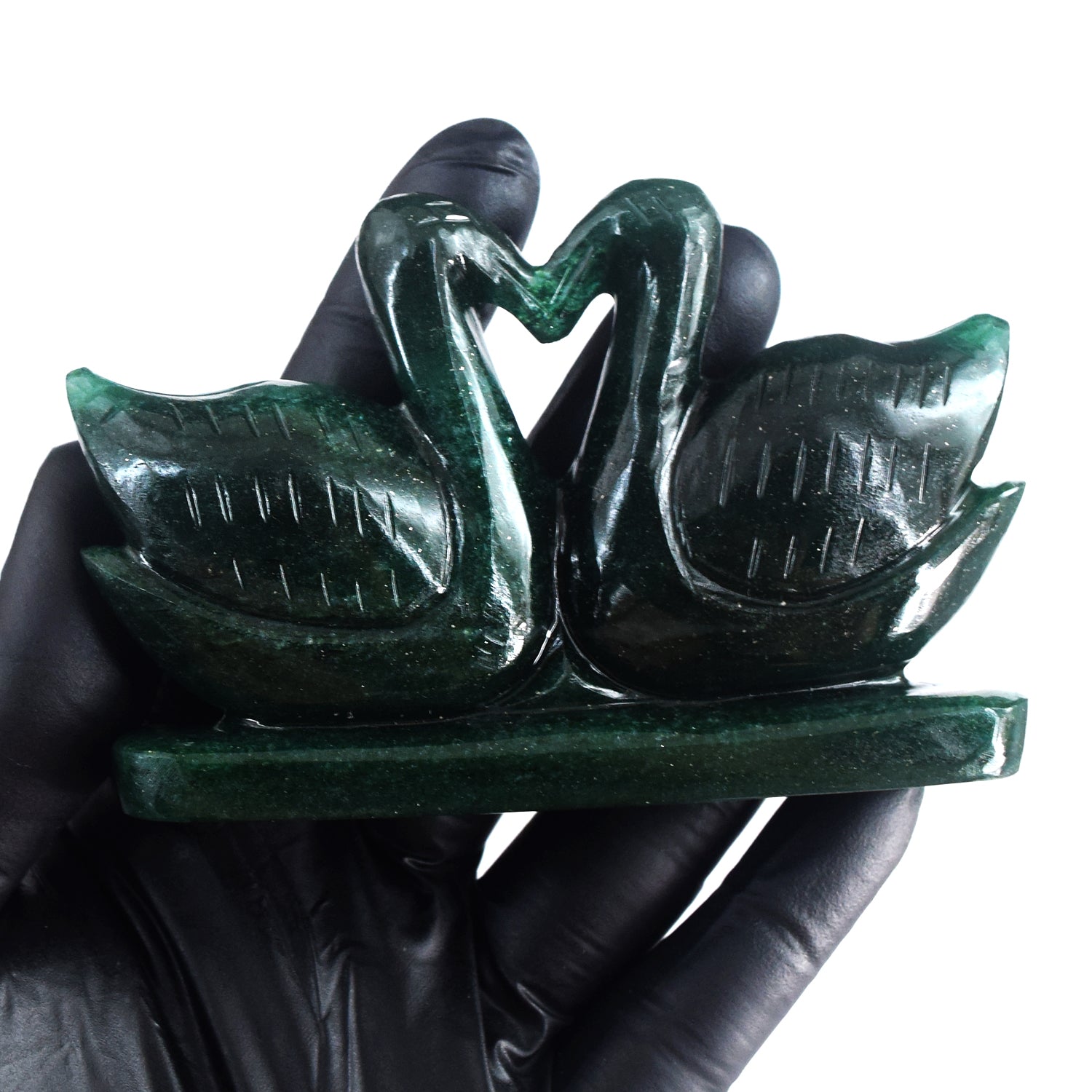 Pleasing 904.00 Cts Genuine Green Jade Carved Premium Love Swan Pair