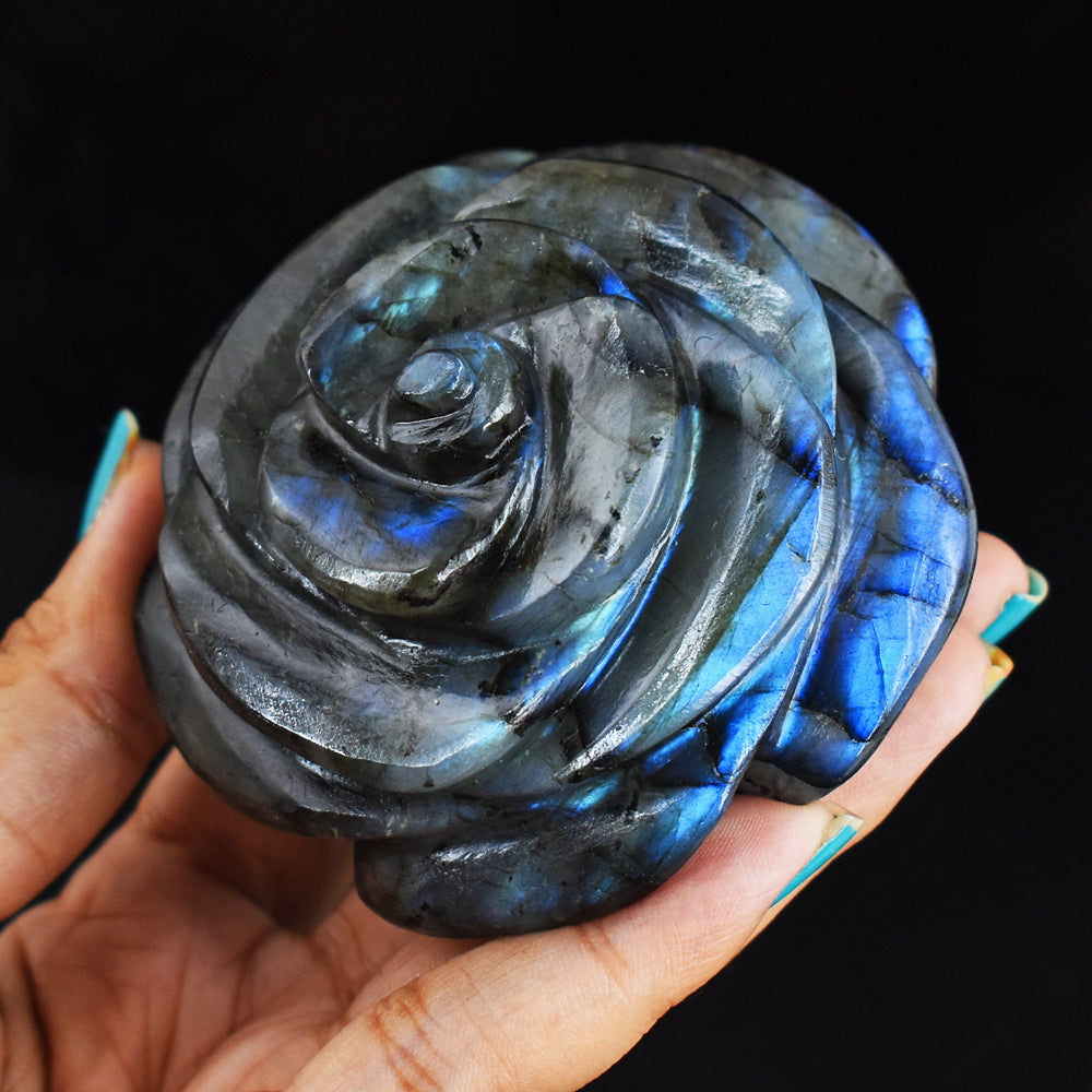 Gorgeous  1062.00 Carats  Blue  Flash  Labradorite  Hand  Carved  Rose Flower  Gemstone  Carving
