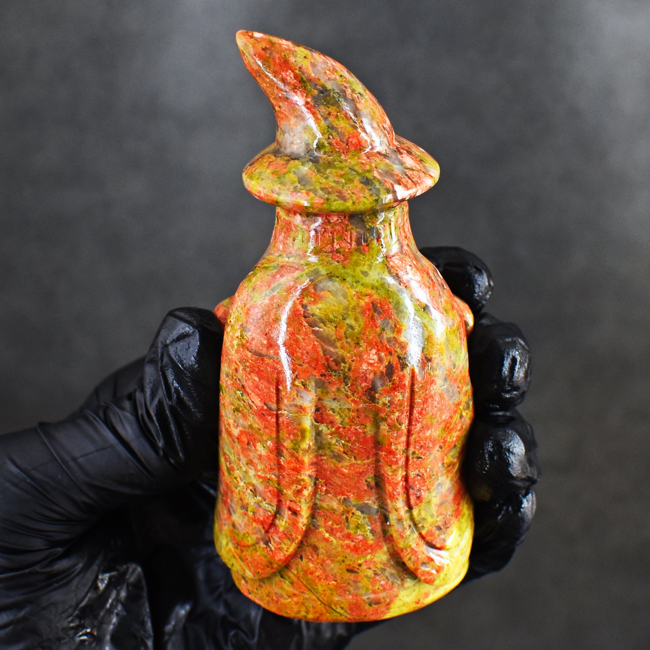 Beautiful 869.00 Cts Genuine Blood Green Unakite Hand Carved Gemstone Crystal Wizard Carving